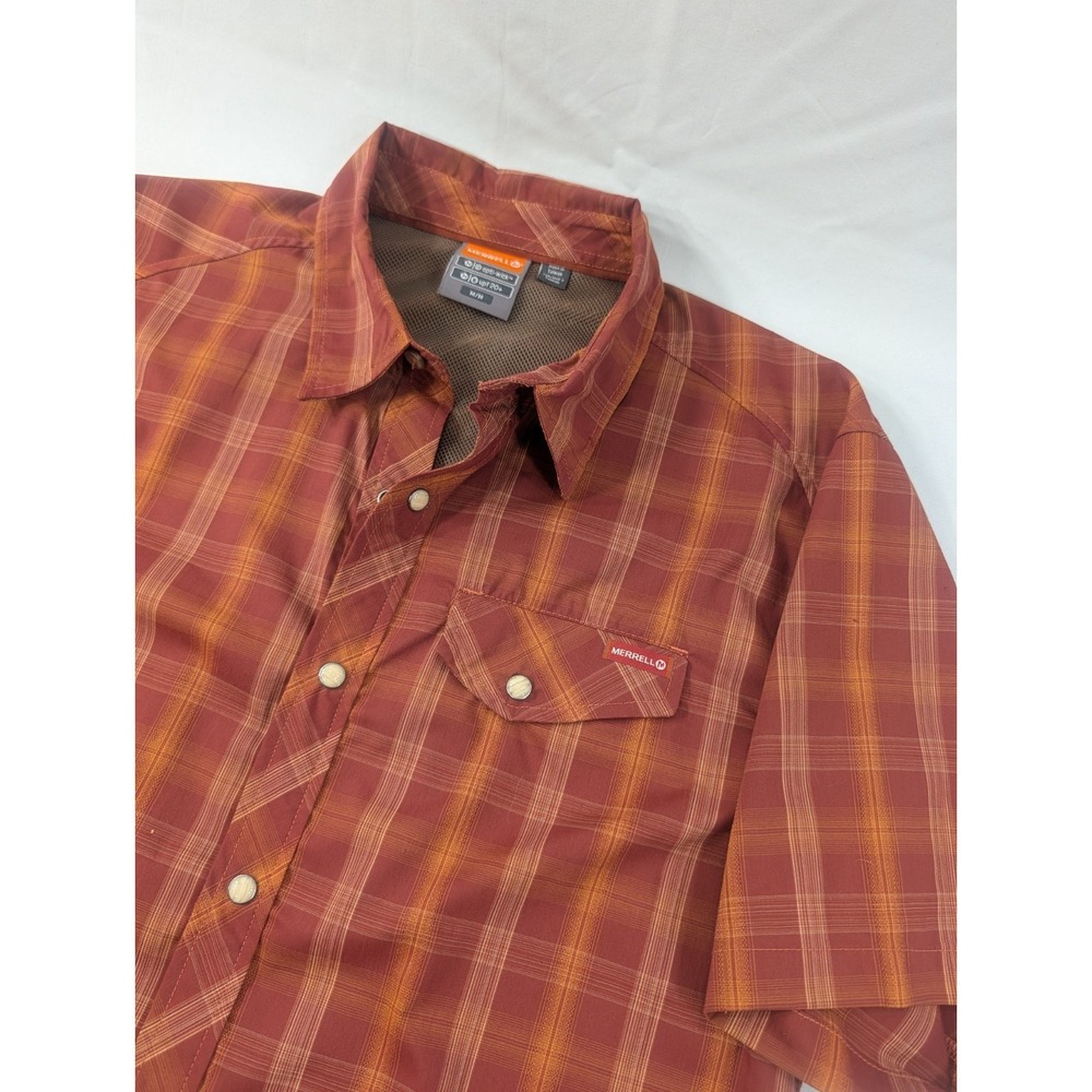 Merrell Shirt Mens‎ M Orange Plaid Pearl Snap Opti-wick Hiking Short Sleeve